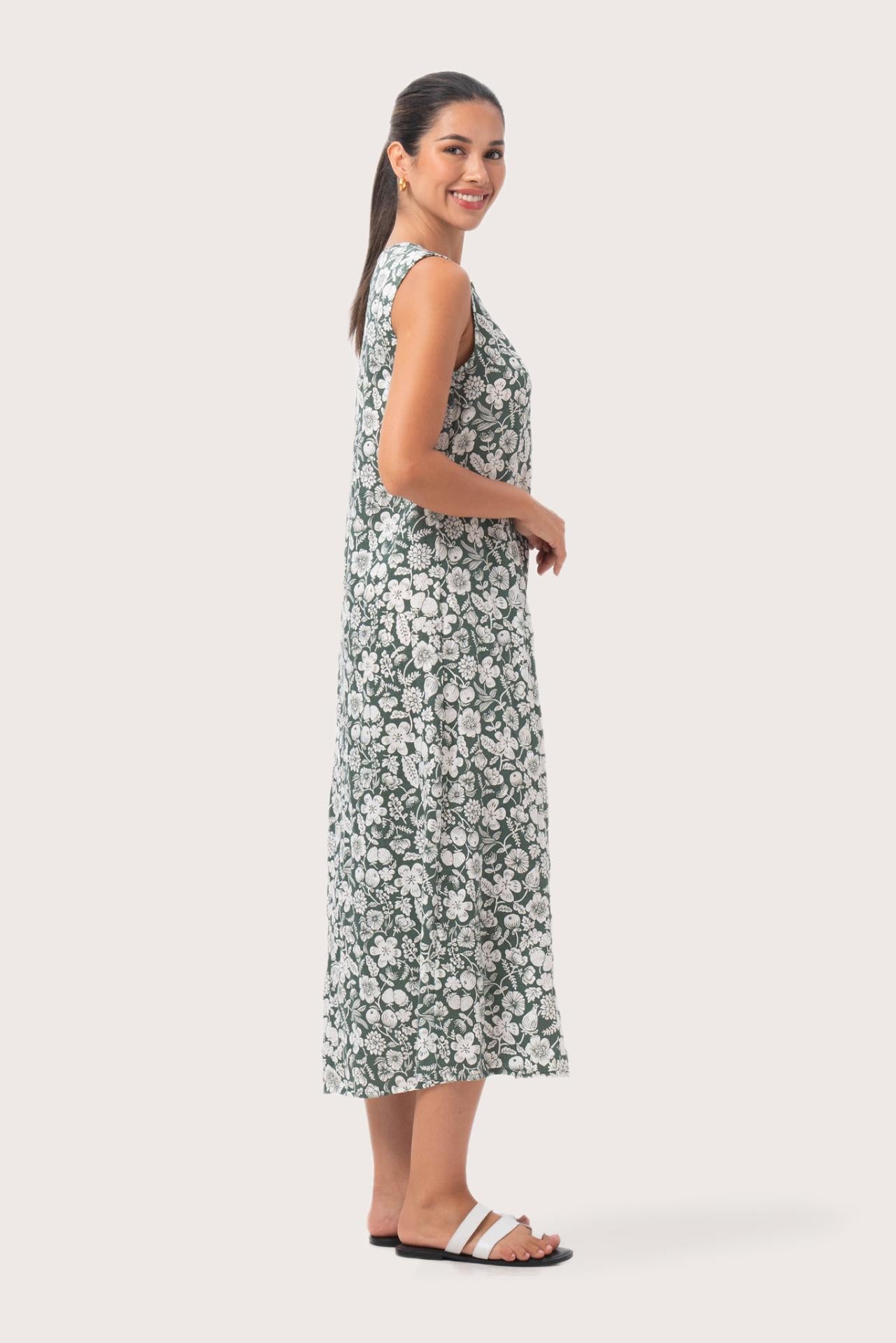 Ayona Linen Dress Tropical Fruit Sage | By The Sea Bali Ayona Linen Dress Tropical Fruit Sage | By The Sea Bali