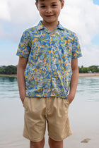 Resort-inspired styling featuring the Bali Tropical Shirt in Blue Forest print
