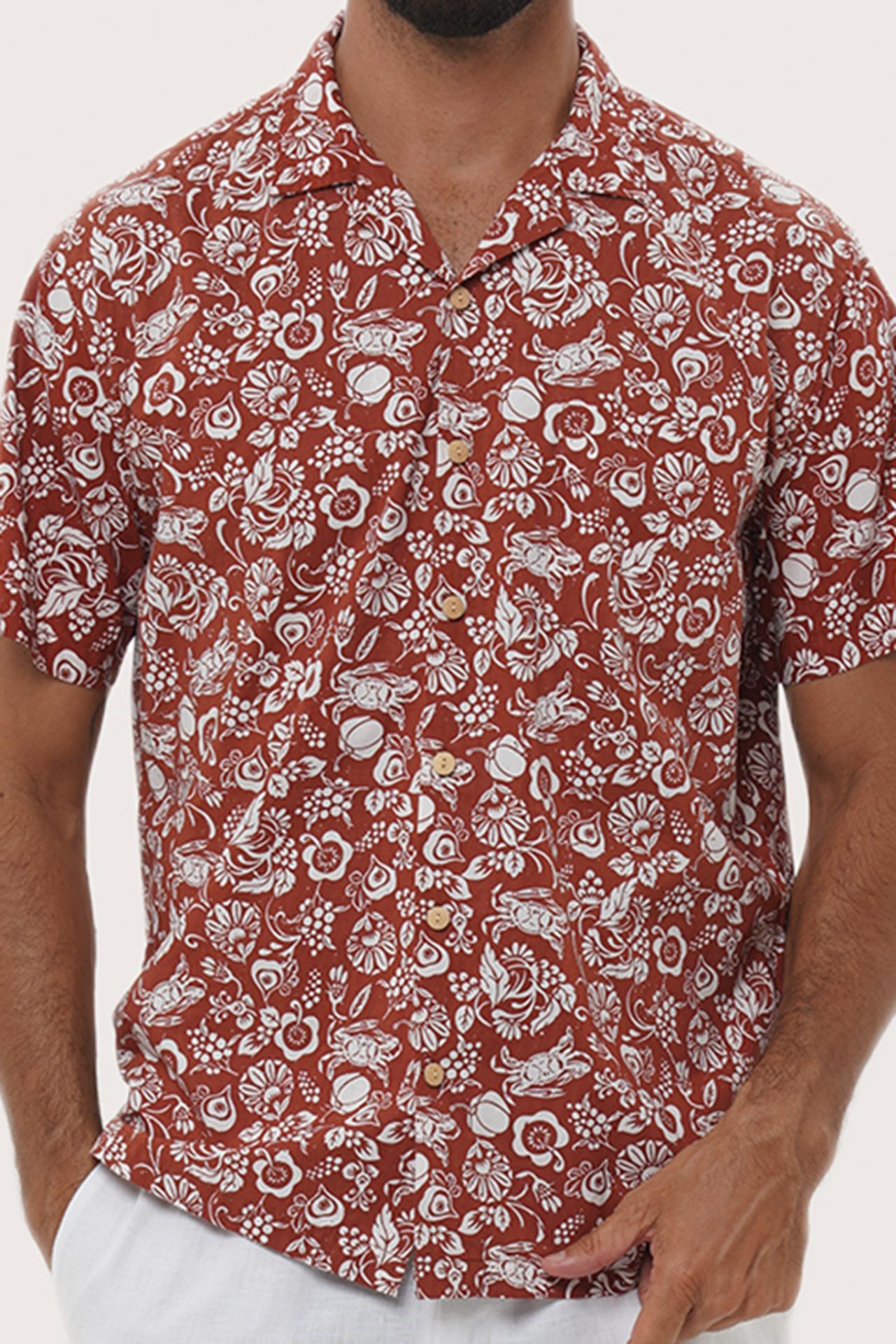 Baronang Cotton Shirt Veg and Crab Red Brick