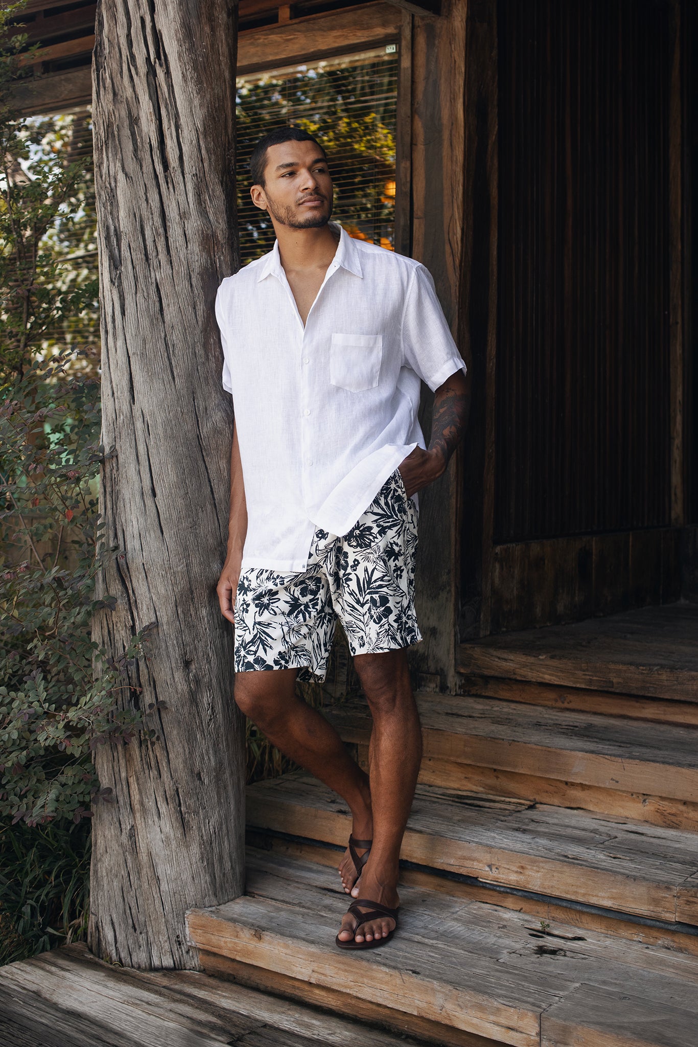 By The Sea Bali Paulo Bermuda Shorts in Little Palm White - tailored tropical-print shorts for easy summer days in bali