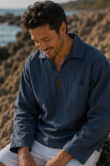 Bali beach a men wearing fisherman style outerwear in 100% cotton with white linen short