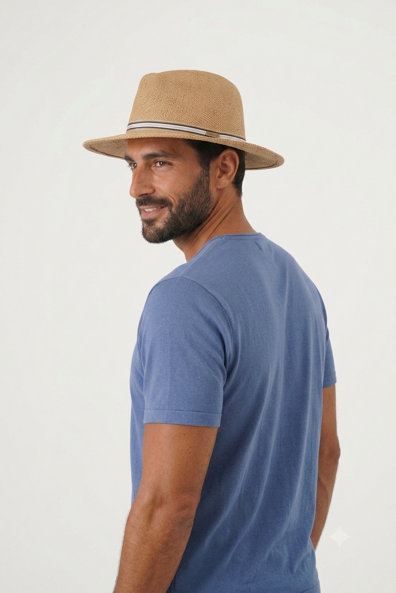 man wearing by the sea ibiza hat and knit cotton shirt