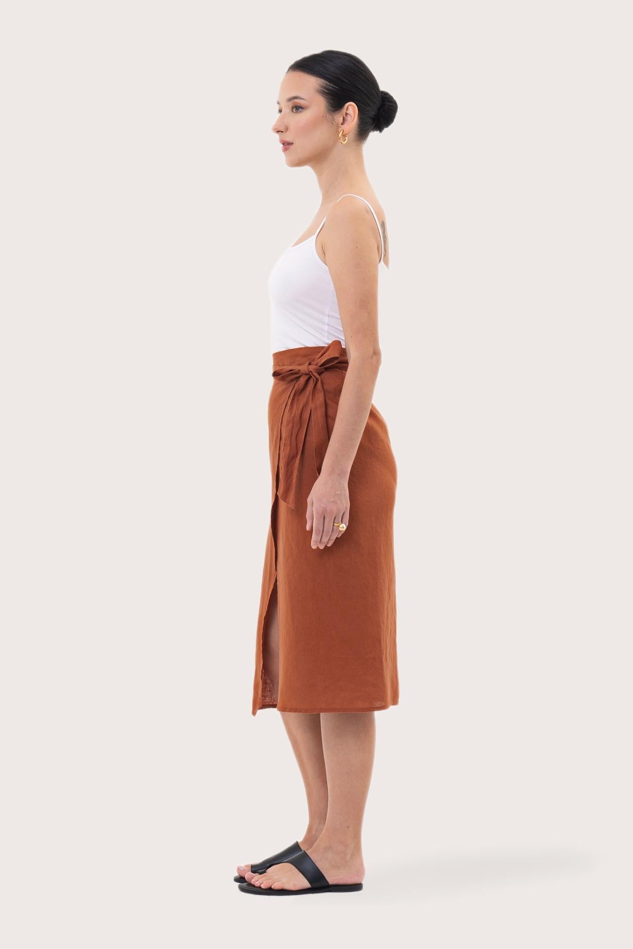 Kofiau Wrap Linen Skirt Terracotta