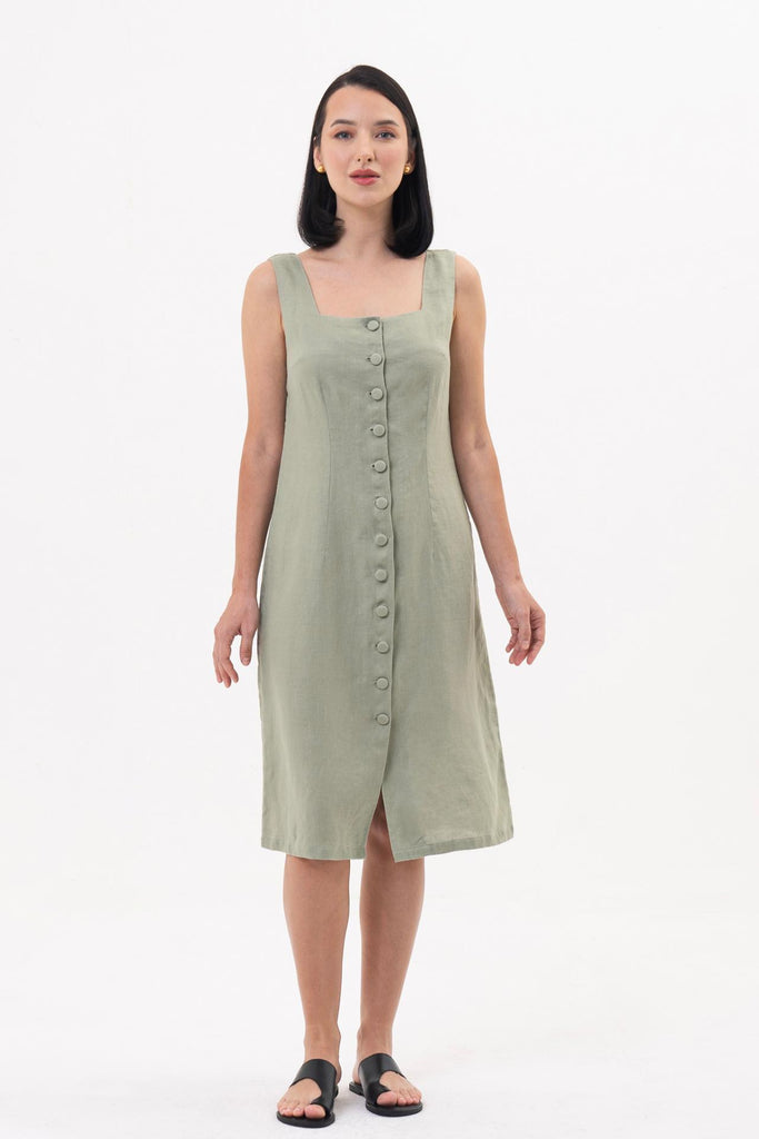 Linda Front Button Midi Dress Sage