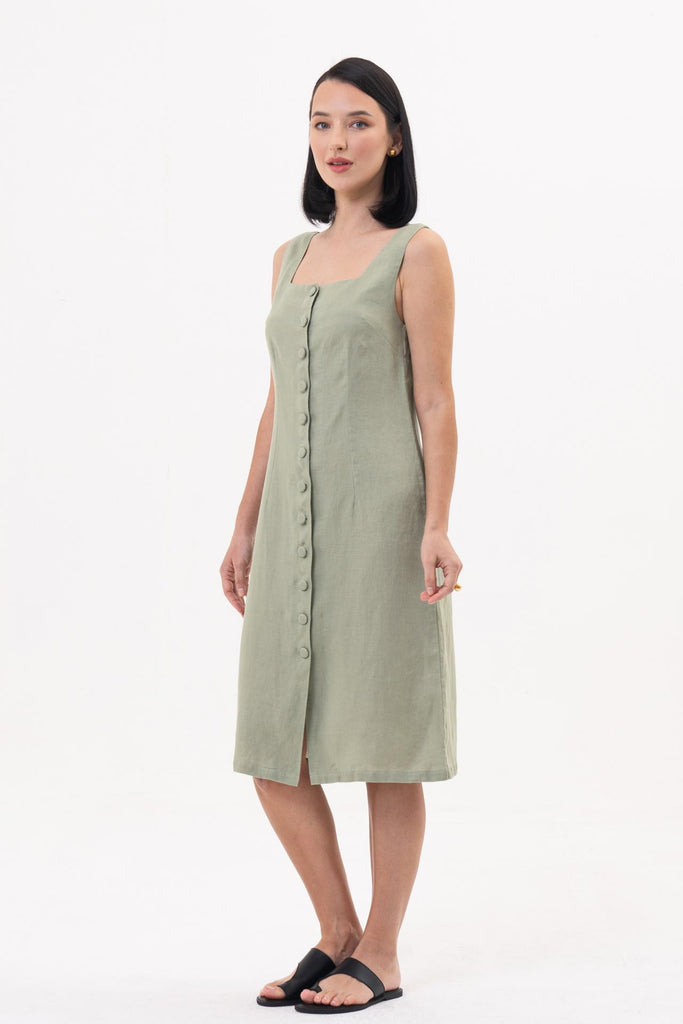 Linda Front Button Midi Dress Sage