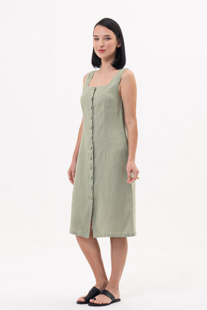 Linda Front Button Midi Dress Sage