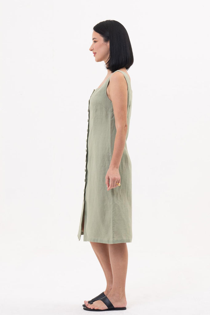 Linda Front Button Midi Dress Sage