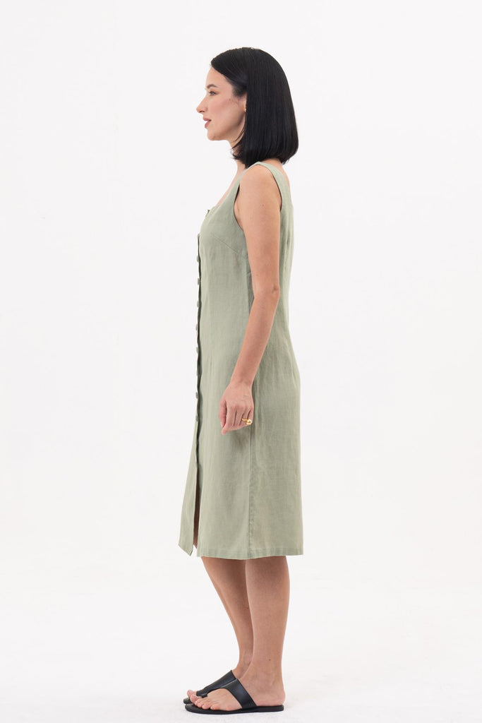 Linda Front Button Midi Dress Sage