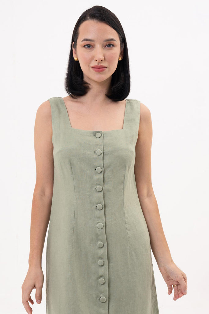 Linda Front Button Midi Dress Sage