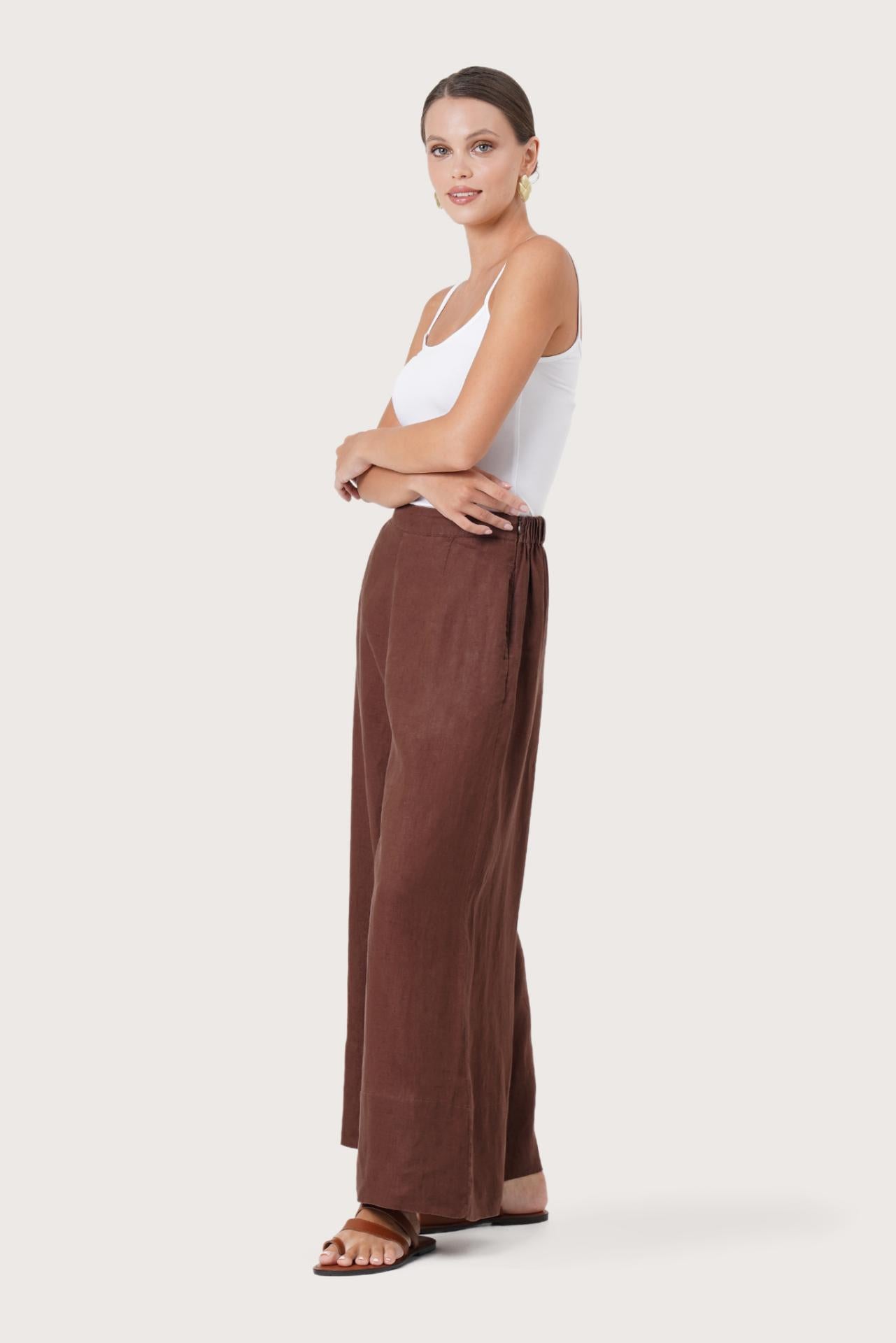 Linen Maxi Length Wide Pants Choco