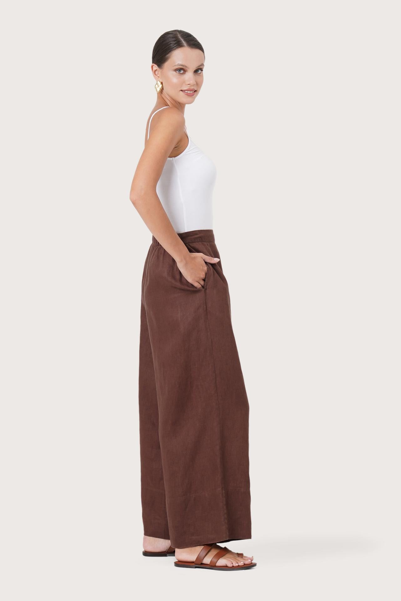Linen Maxi Length Wide Pants Choco