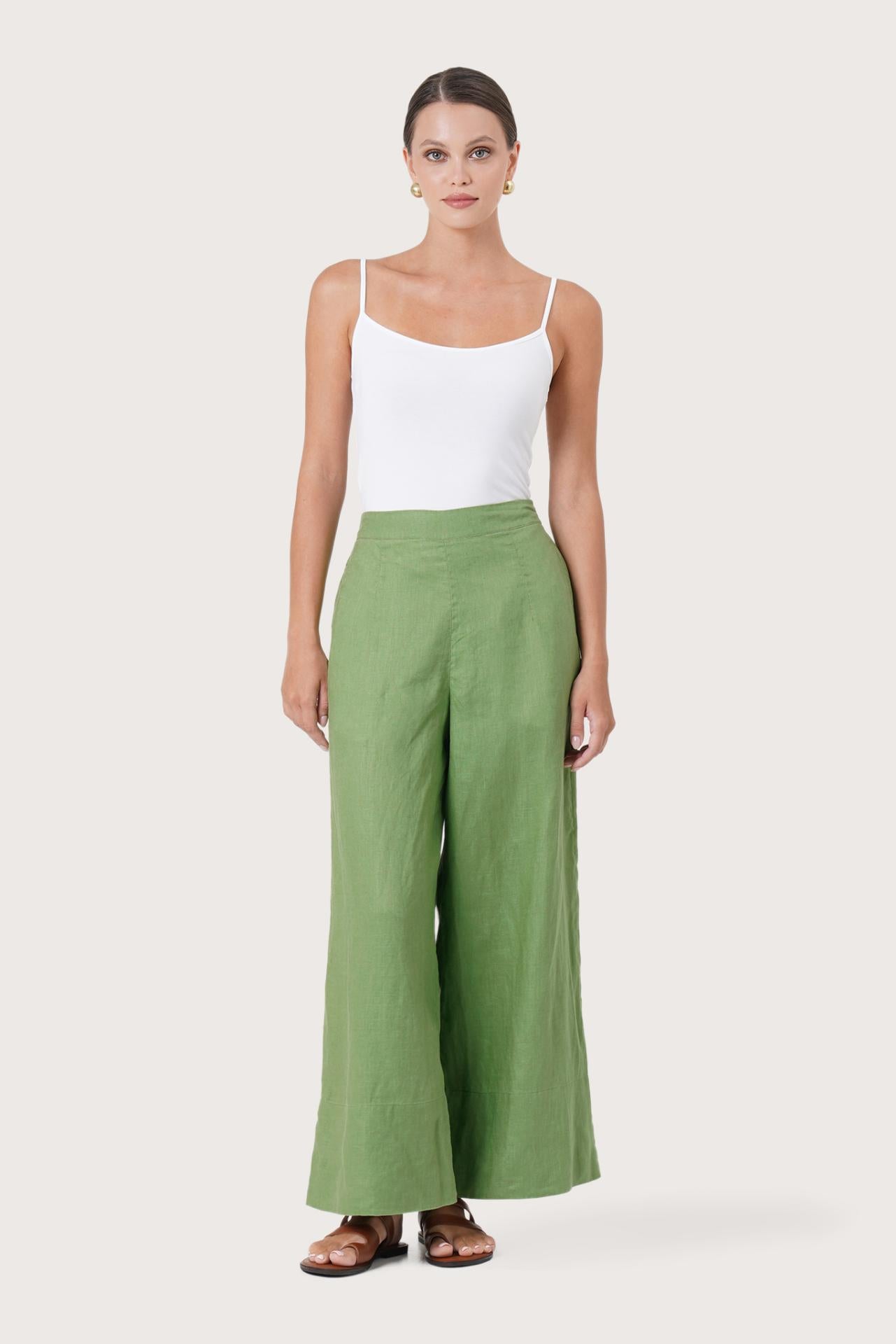 Linen Maxi Length Wide Pants Green Forest