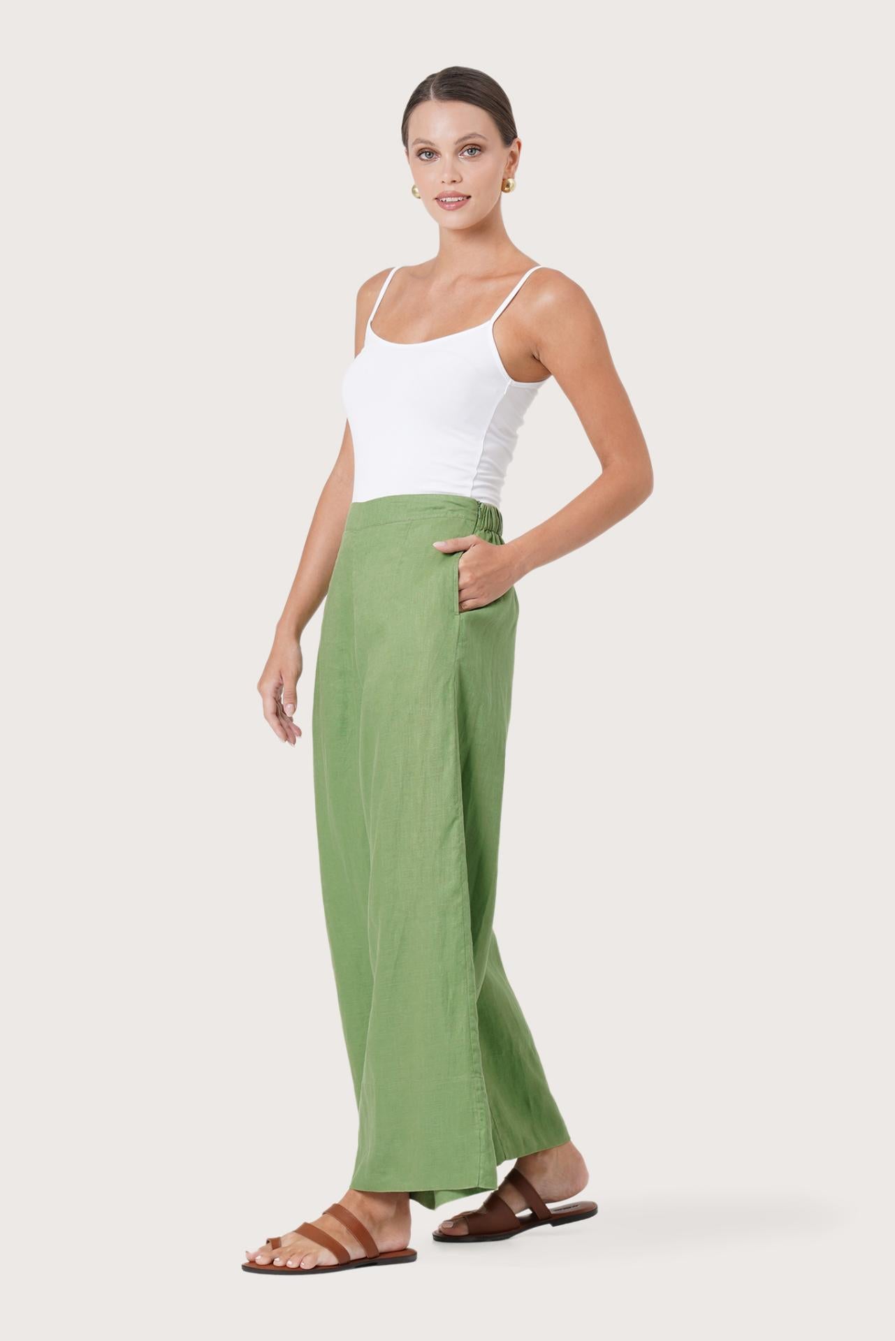 Linen Maxi Length Wide Pants Green Forest