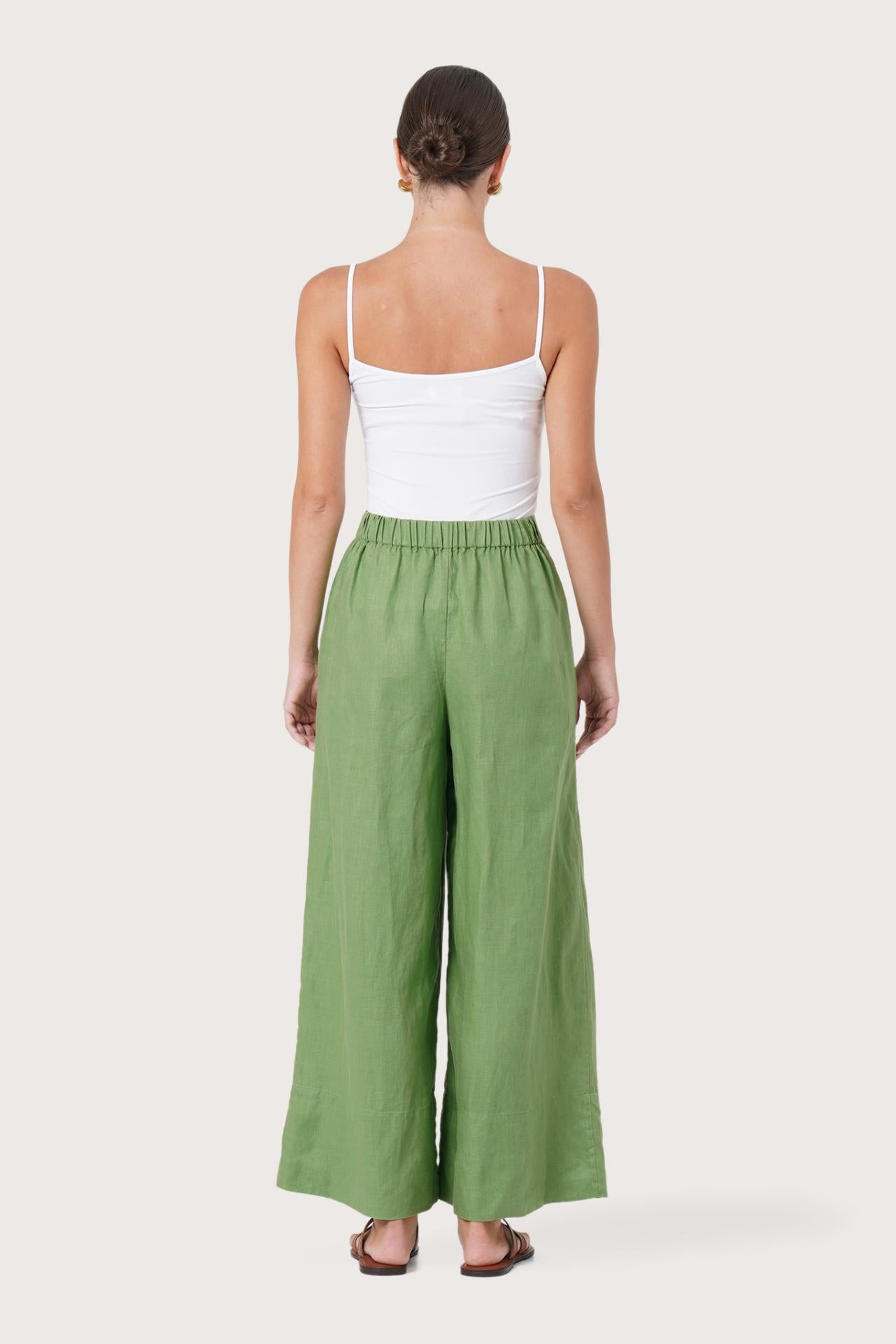 Linen Maxi Length Wide Pants Green Forest