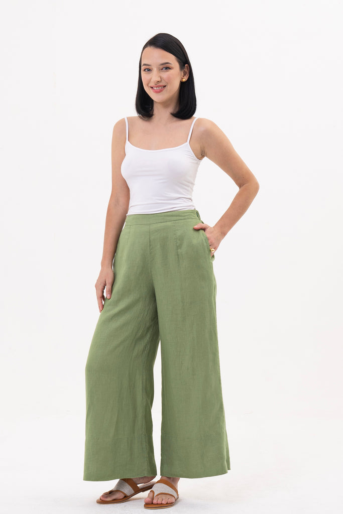 Linen Maxi Length Wide Pants Green