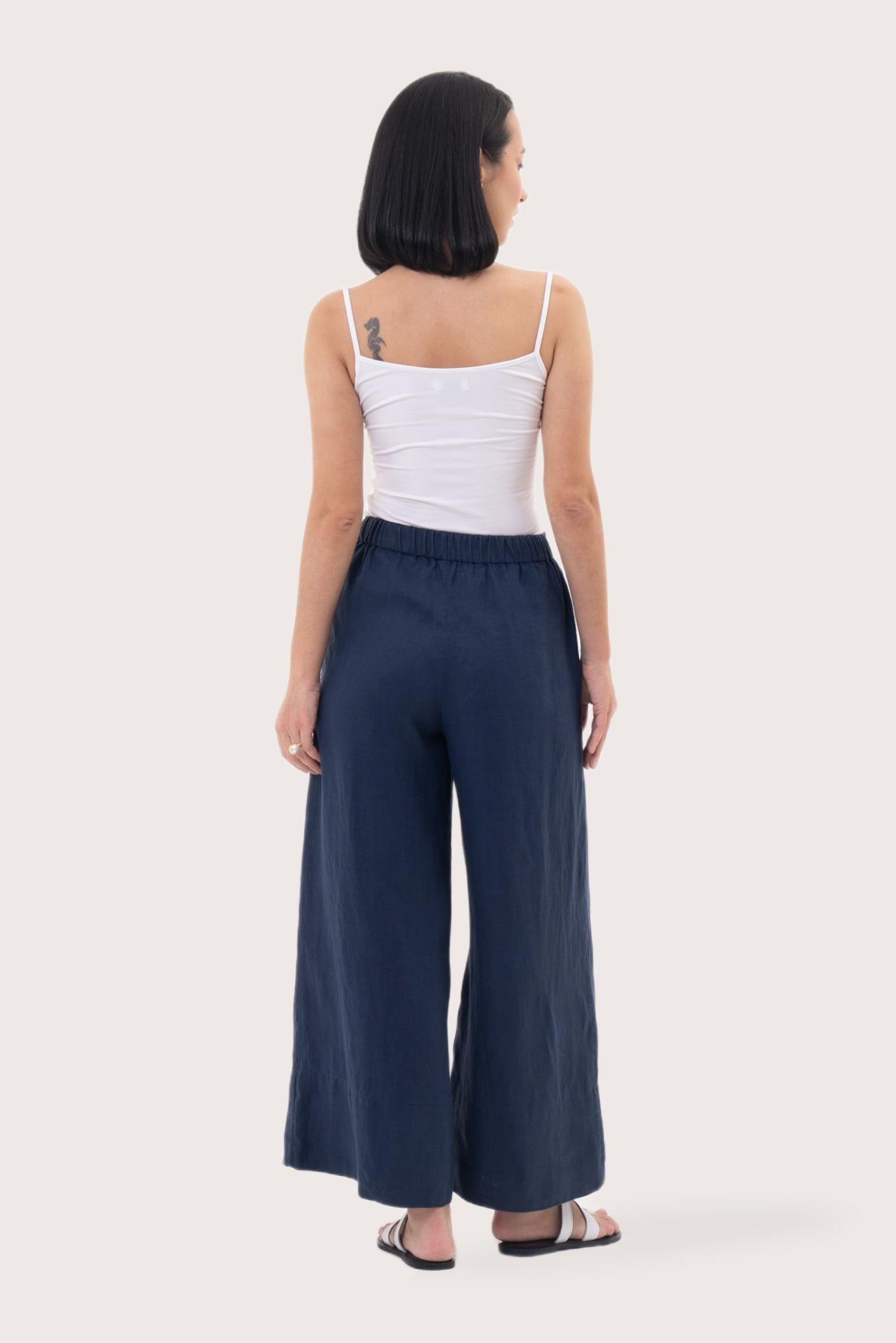 Linen Maxi Length Wide Pants Navy
