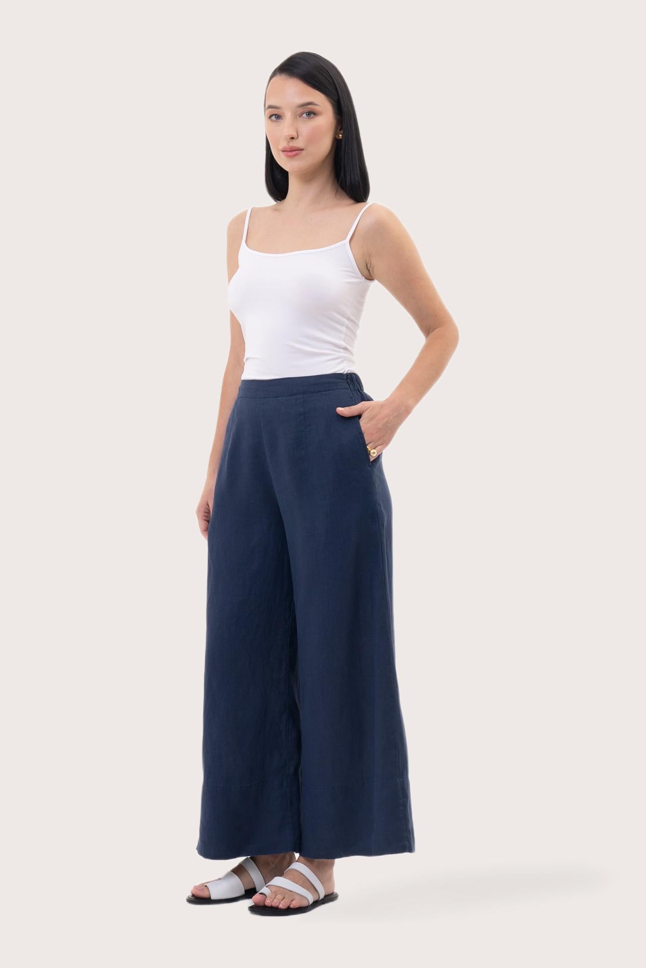 Linen Maxi Length Wide Pants Navy