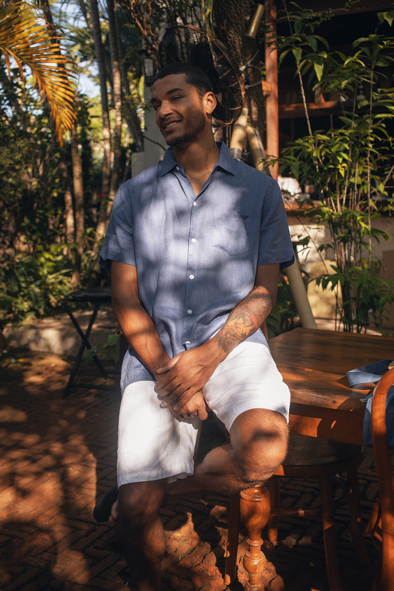 Mori Short Sleeve Linen Shirt Blue Jeans