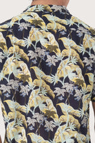 Open collar and button-front detail of the Alola Cotton Shirt Sivala Navy by By The Sea Bali