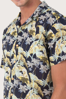 Close-up fabric and collar detail of the Alola Cotton Shirt Sivala Navy by By The Sea Bali