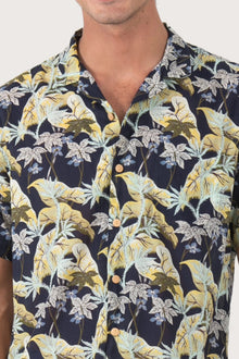 Close-up fabric and collar detail of the Alola Cotton Shirt Sivala Navy by By The Sea Bali