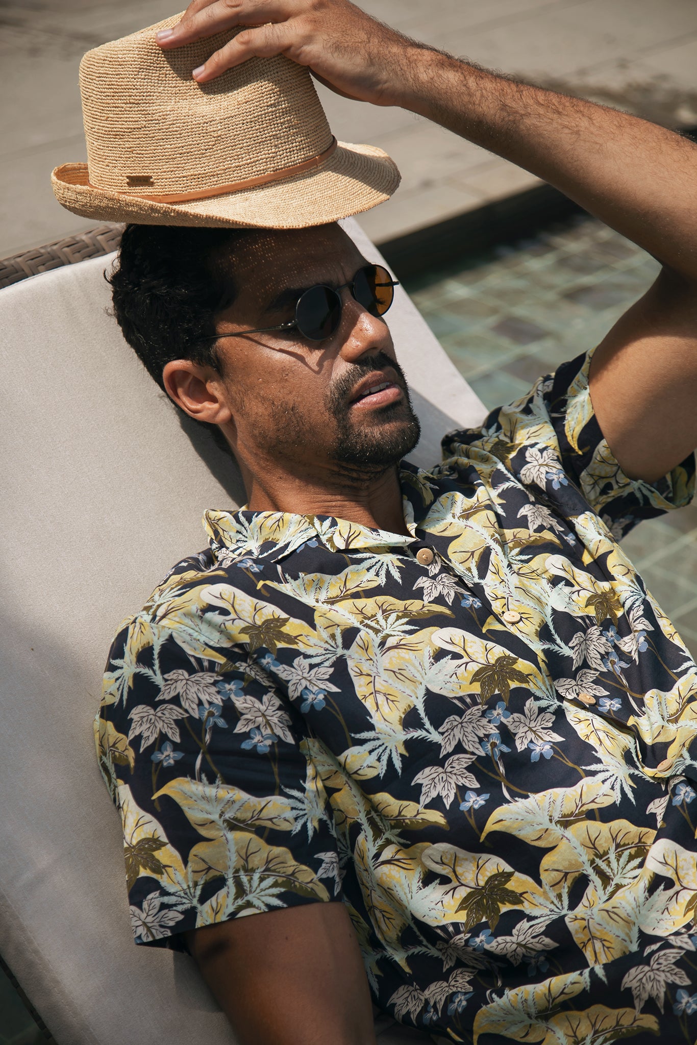 Men's resortwear styling featuring the Alola Cotton Shirt Sivala Navy by By The Sea Bali