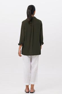 Back view of the Amalia Side Slit Shirt Army Green highlighting the garment shape and drape.