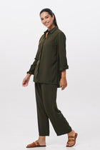 Front view of the Amalia Side Slit Shirt Army Green with matching color pants showing its cut and natural movement.