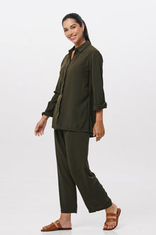 Front view of the Amalia Side Slit Shirt Army Green with matching color pants showing its cut and natural movement.