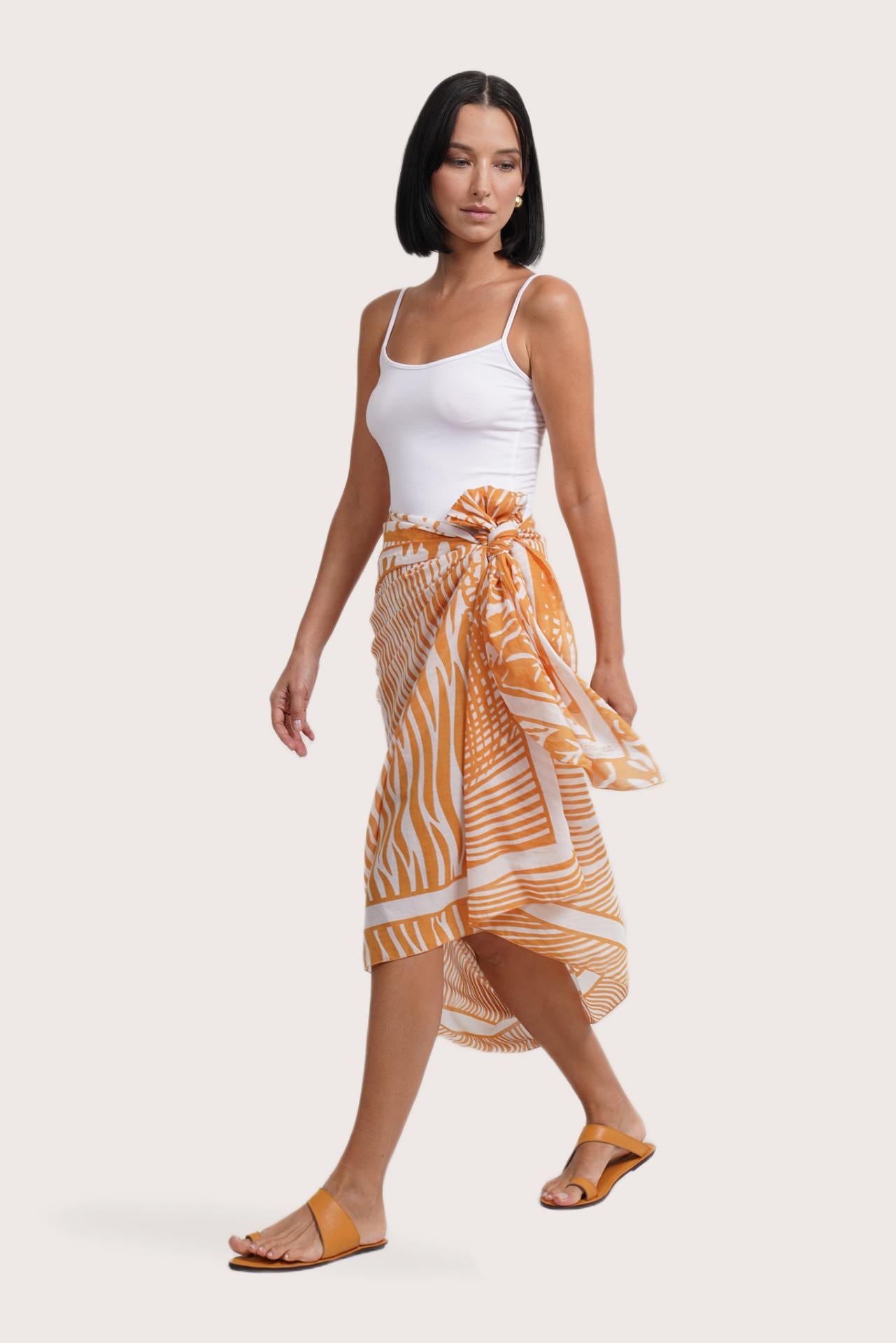 Side view of the Amaya Sarong in the signature Stripe Island print