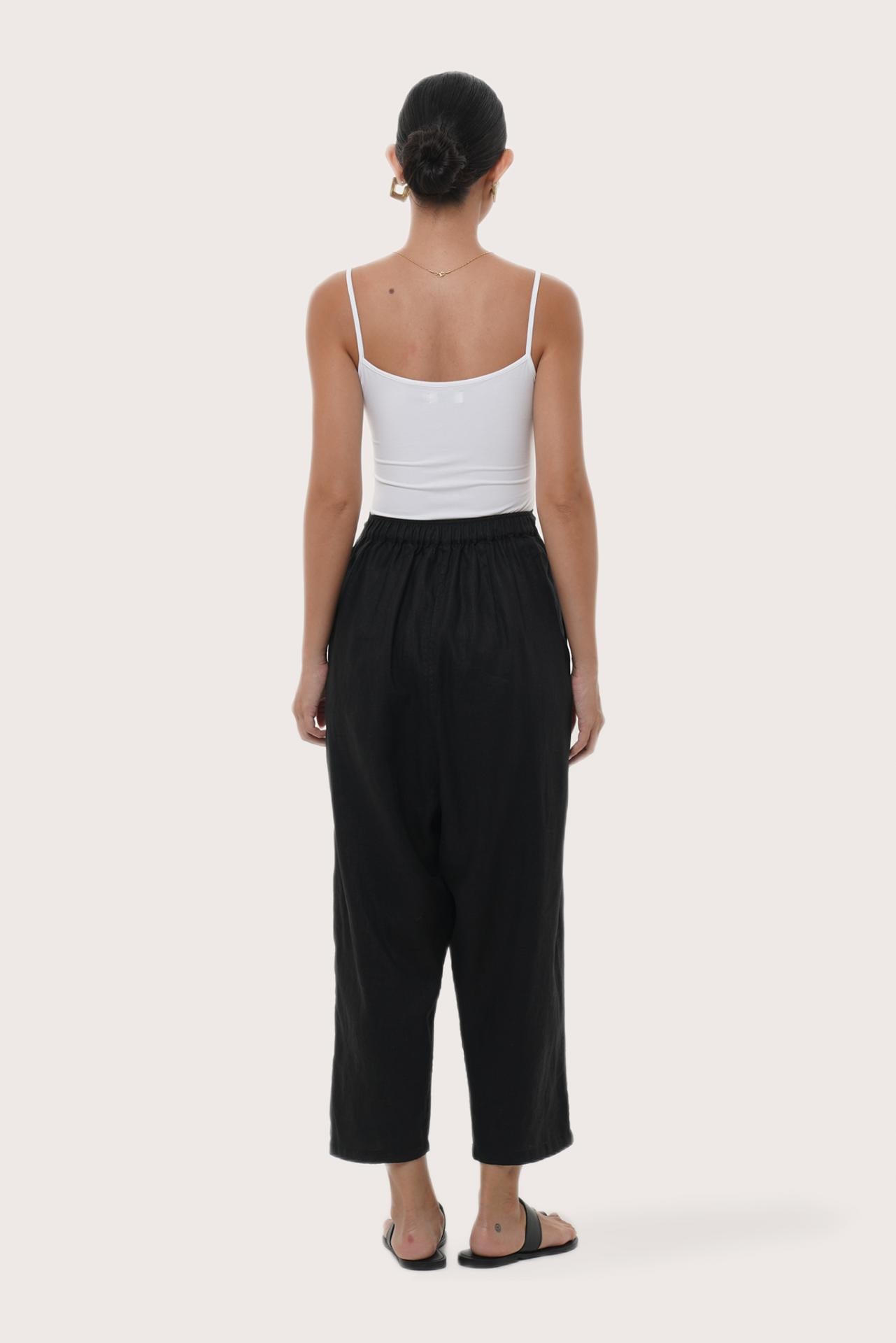 Elegant back view of the Amber Linen Pant in Black