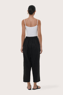 Elegant back view of the Amber Linen Pant in Black