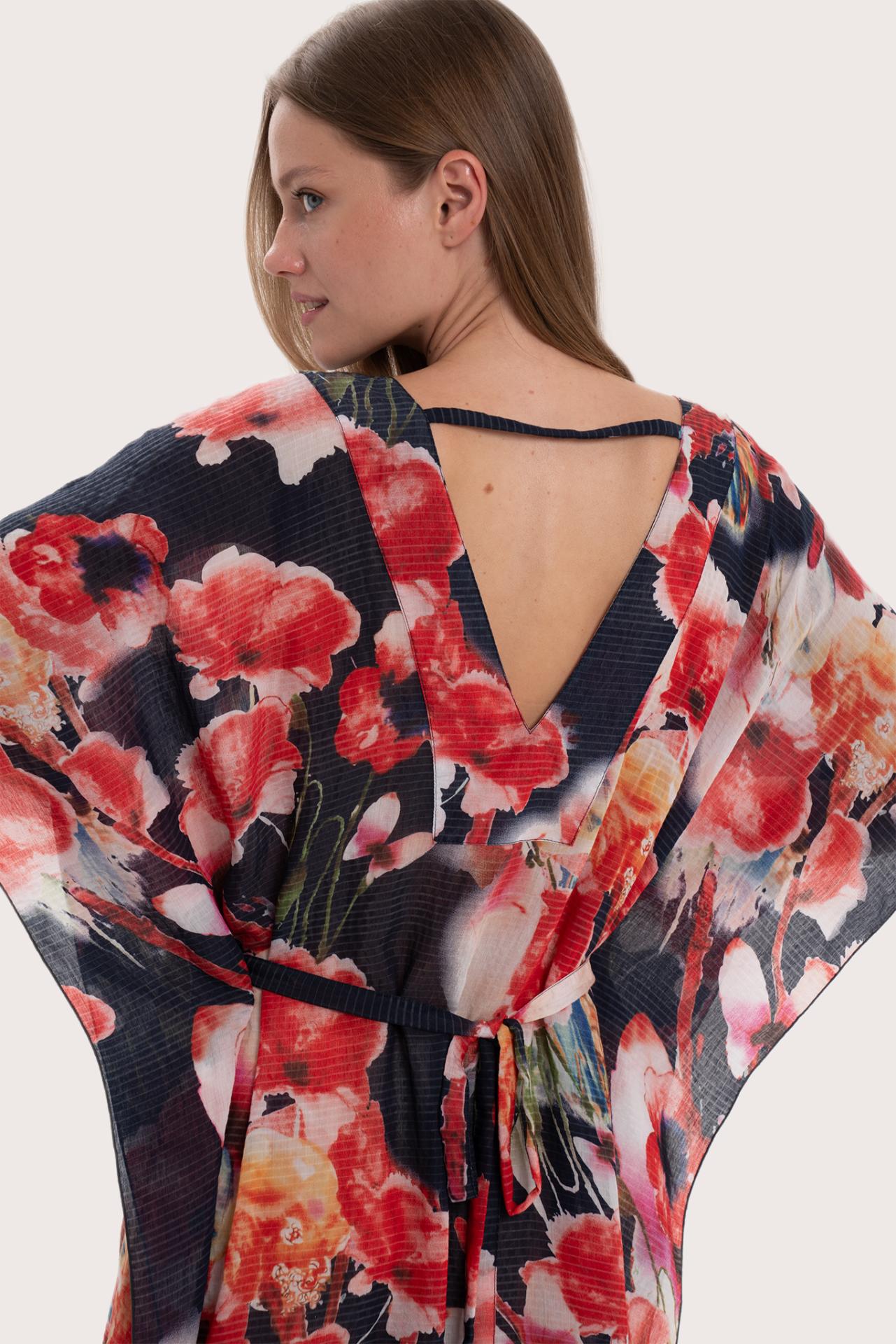 Detailed back view highlighting the Bougenville print and flowing silhouette