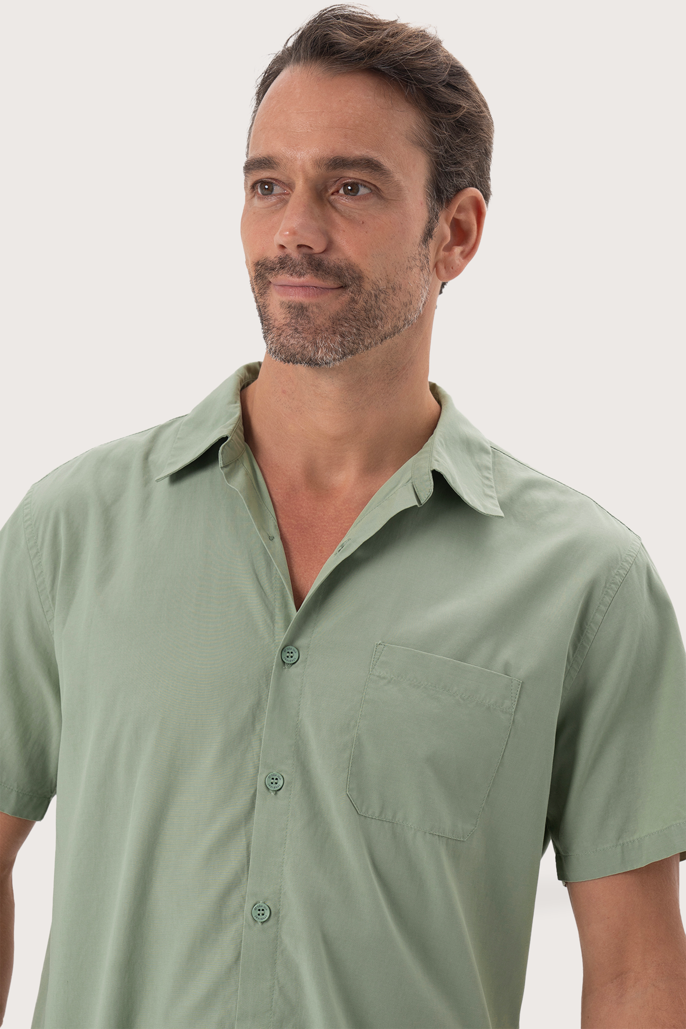 Close-up fabric and collar detail of the Andres Shirt Sage by By The Sea Bali