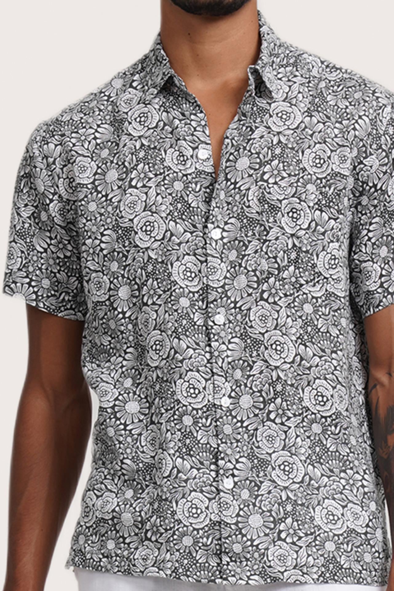 By The Sea Bali Angkasa Linen Shirt Flower Bloom in Grey — breathable linen shirt with a relaxed camp-collar silhouette