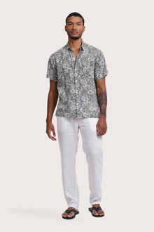 By The Sea Bali Angkasa Linen Shirt Flower Bloom in Grey — breathable linen shirt with a relaxed camp-collar silhouette