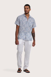 By The Sea Bali Angkasa Linen Shirt Flower Bloom in Light Blue — breathable linen shirt with a relaxed camp-collar silhouette