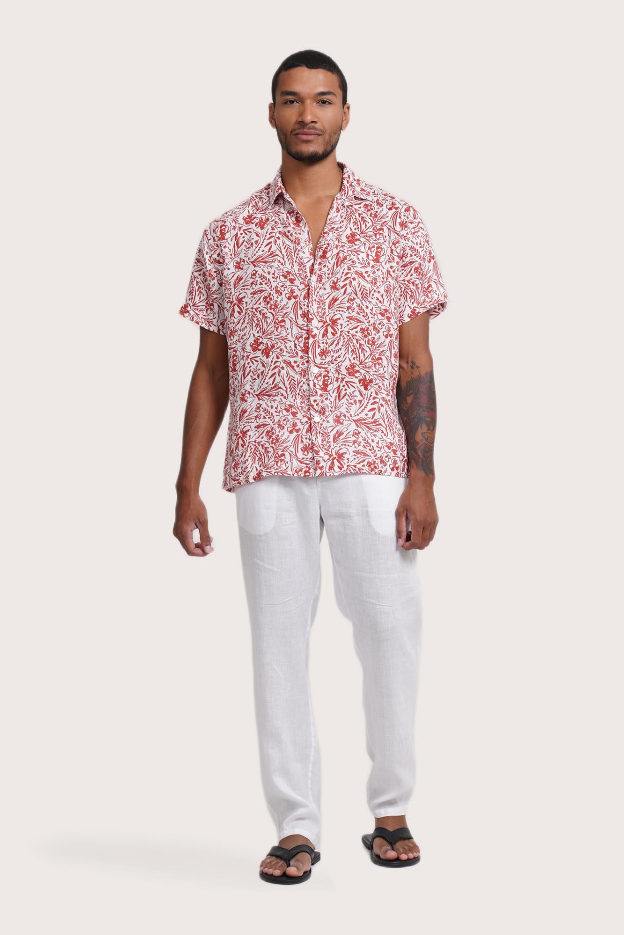 By The Sea Bali Angkasa Linen Shirt Jungle Leaves in Red Brick — breathable linen shirt with a relaxed camp-collar silhouette