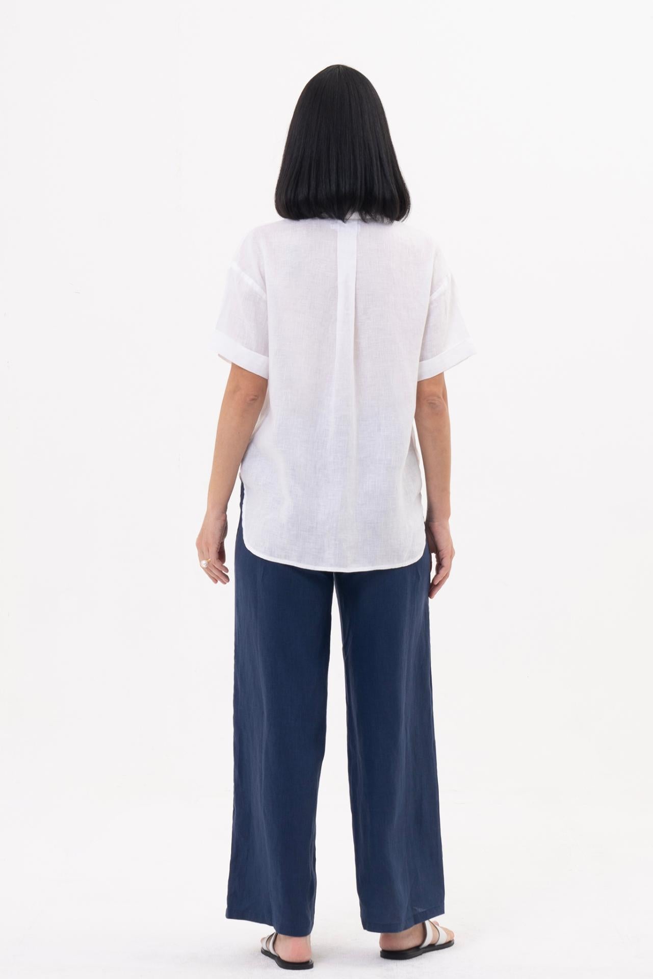 Back view of the Anse Short Sleeve Linen Blouse White