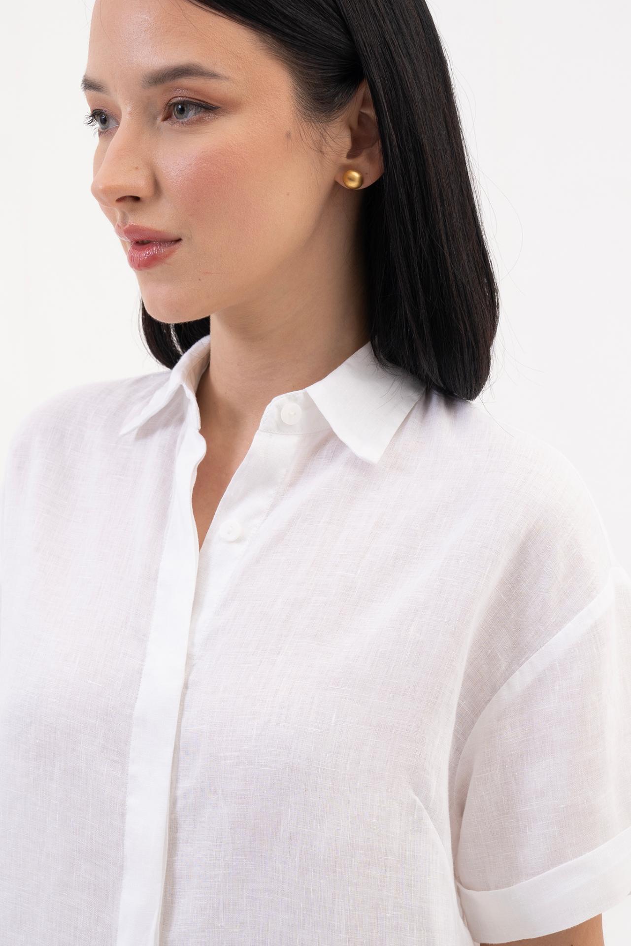Front view tailored detail of the Anse Short Sleeve Linen Blouse White