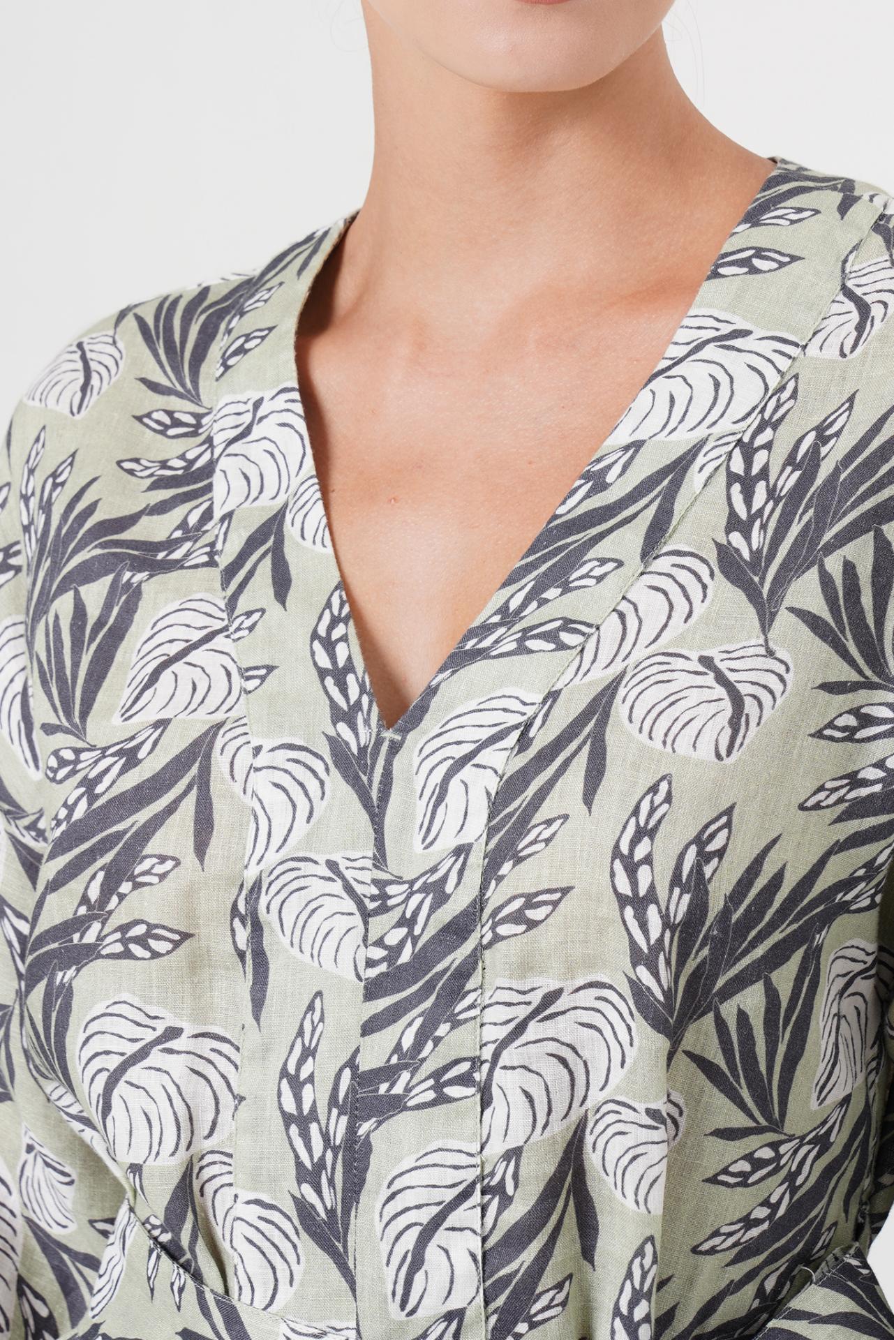 Close up detail of the Arumba Linen Dress Heart Leaves highlighting craftsmanship and design features