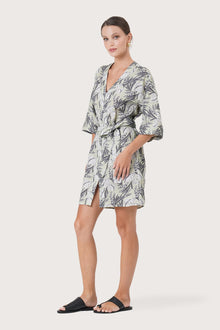 Side profile of the Arumba Linen Dress Heart Leaves showing its cut and natural movement