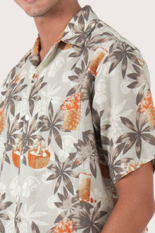 Close-up fabric and collar detail of the Asa Loose Fit Shirt Rustic Pineapple in Grey by By The Sea Bali