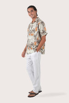Side profile of the Asa Loose Fit Shirt Rustic Pineapple in Grey highlighting its easy, breathable fit by By The Sea Bali