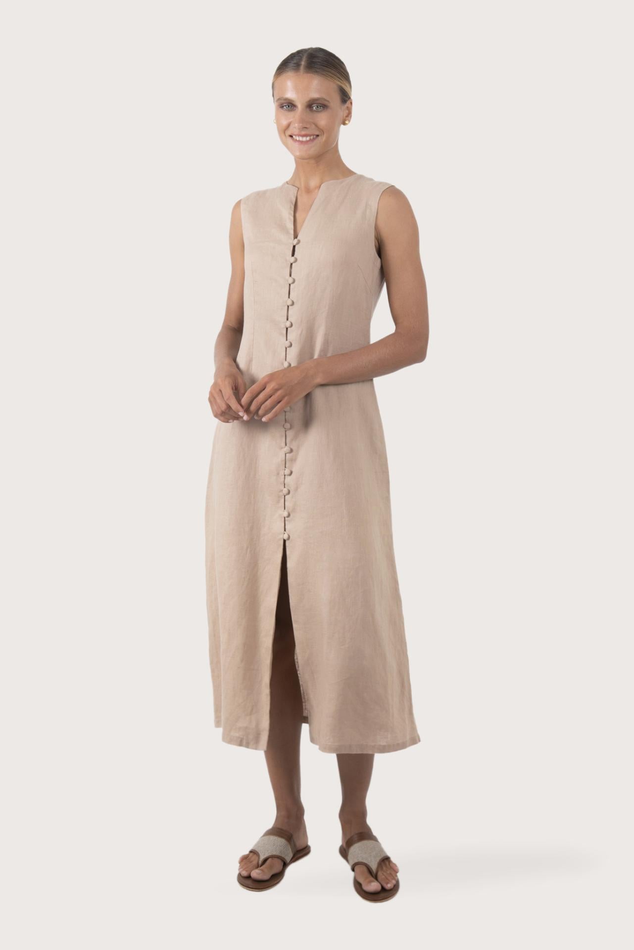 Woman wearing the Ayu Linen Maxi Dress Nude designed for effortless resortwear and tropical living by By The Sea Bali