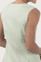 Close up detail of the Ayu Linen Maxi Dress Pastel Green highlighting craftsmanship and design features