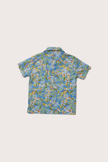 Elegant back view of the Bali Tropical Shirt in Blue Forest print
