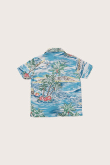 Back view of the light blue Tropical Day cotton shirt with a relaxed and timeless silhouette