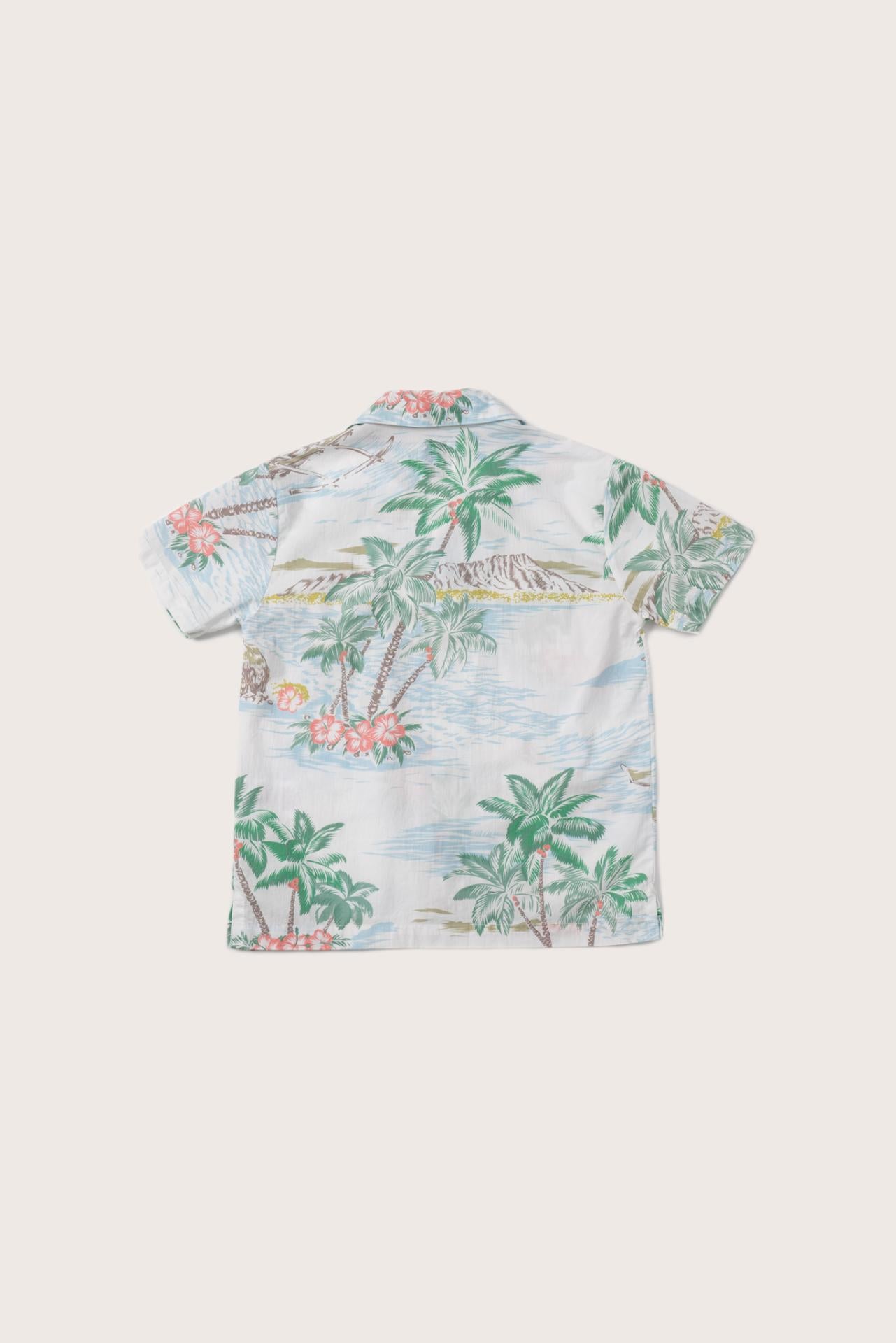 Back view of the white Tropical Day cotton shirt with a relaxed and timeless silhouette