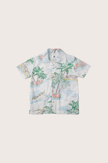 Model wearing the white Tropical Day Bali Tropical shirt by By The Sea Bali